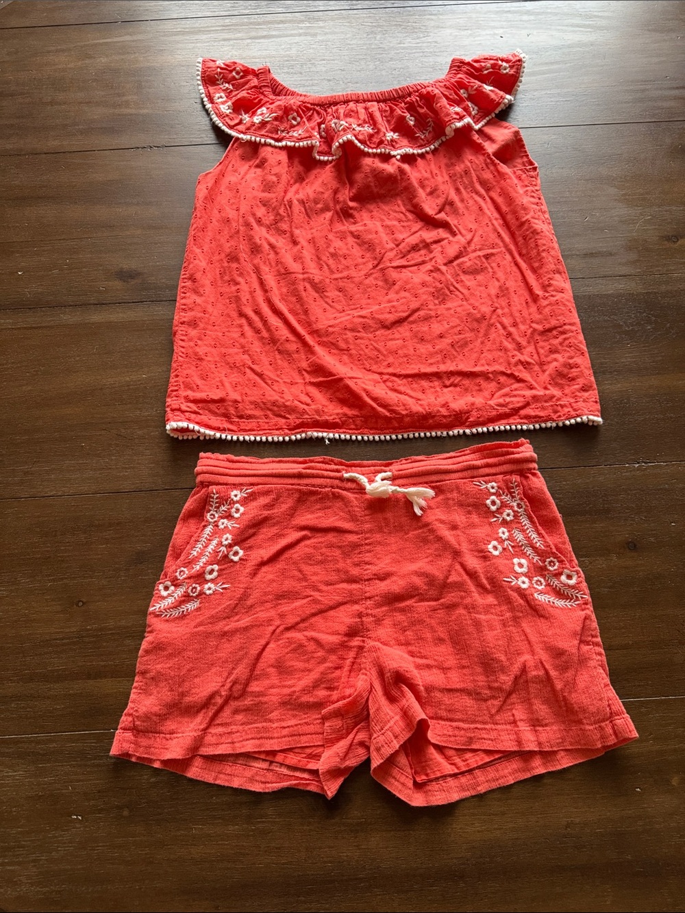 Sz 11-12Y 152cm cotton Boden ruffle top drawstring shorts pom poms embroidered